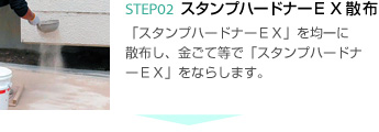 2.スタンプハードナーＥＸ散布 「スタンプハードナーＥＸ」を均一に散布し、金ごて等で「スタンプハードナーＥＸ」をならします。