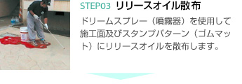 3.リリースオイル散布 ドリームスプレー（噴霧器）を使用して施工面及びスタンプパターン（ゴムマット）にリリースオイルを散布します。